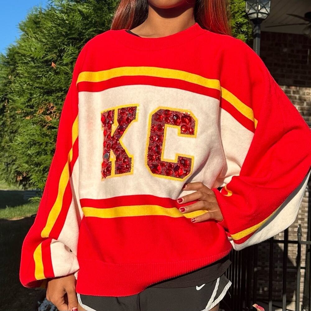 Queen of Sparkles KC Kansas City Scoop Neck Gem Sparkle Sweater NWT Size S - Picture 3 of 7